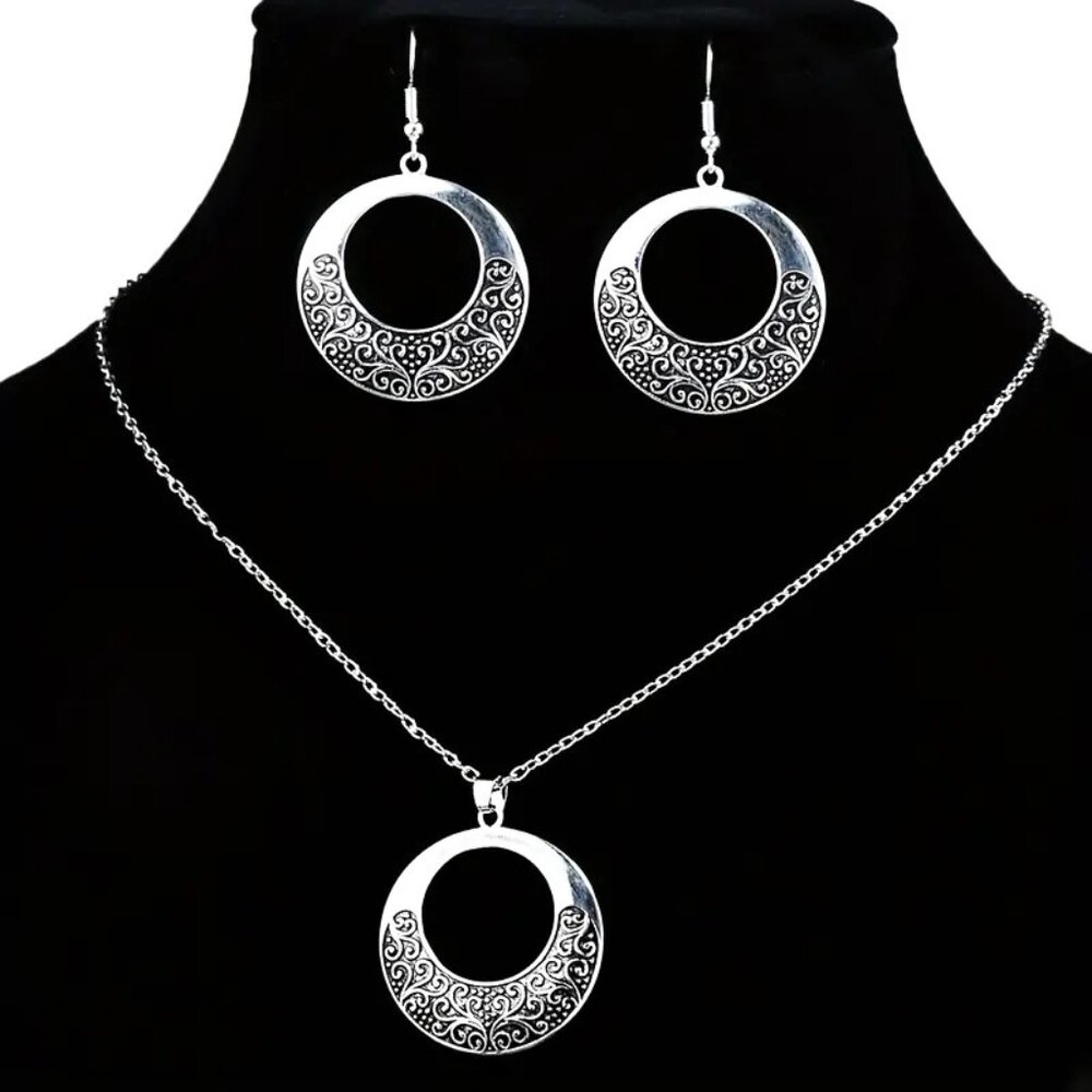 Necklace & Earrings 3pc Filigree Swirls Silver Round Dangle Boho Trendy Stylish - Picture 2 of 4